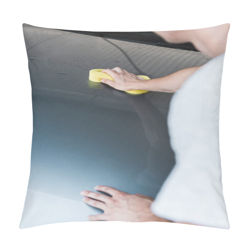 Personality  Selective Focus Of Man Holding Yellow Sponge While Cleaning Car  Pillow Covers