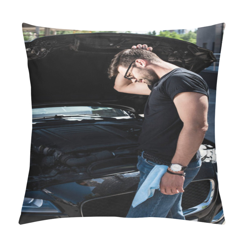 Personality  Side View Of Confused Man Scratching Head Near Broken Car Engine At Street Pillow Covers