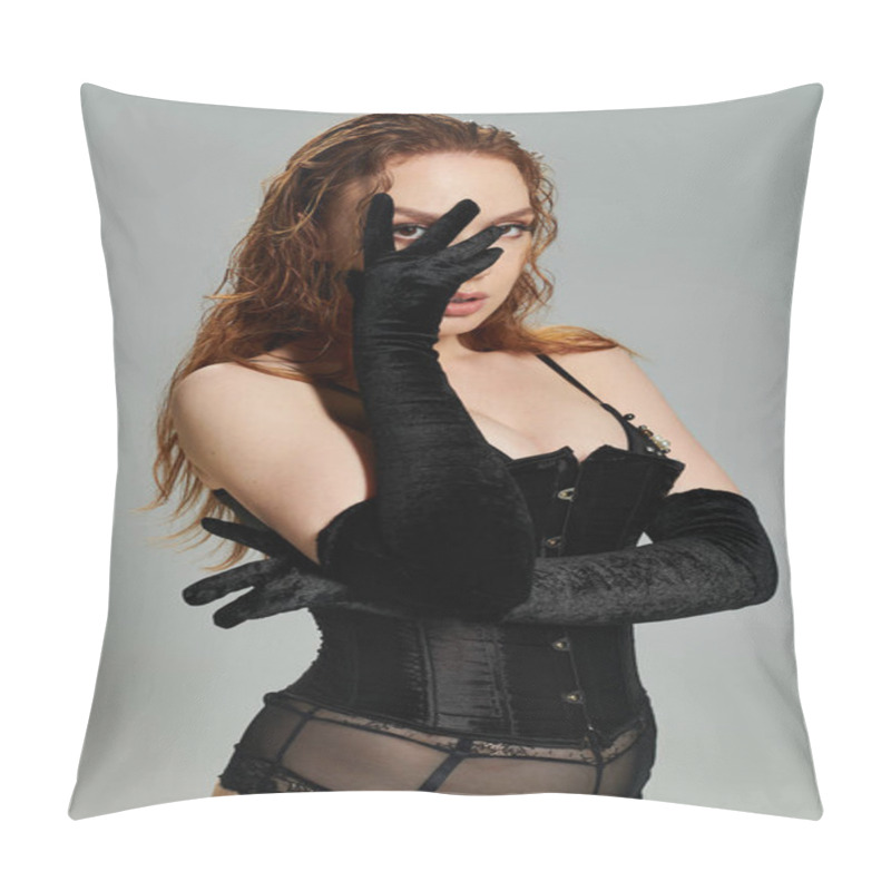 Personality  A Striking Red Haired Woman Showcases Her Fashion Forward Look With Confidence. Pillow Covers