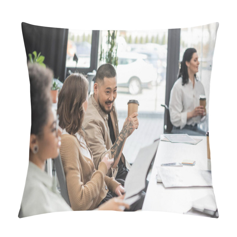 Personality  Joyful Asian Businessman Chatting With Female Colleague In Modern Coworking, Startup Ideas Pillow Covers