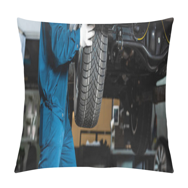 Personality  Cropped View Of Mechanic Installing Wheel On Car In Workshop, Panoramic Shot Pillow Covers