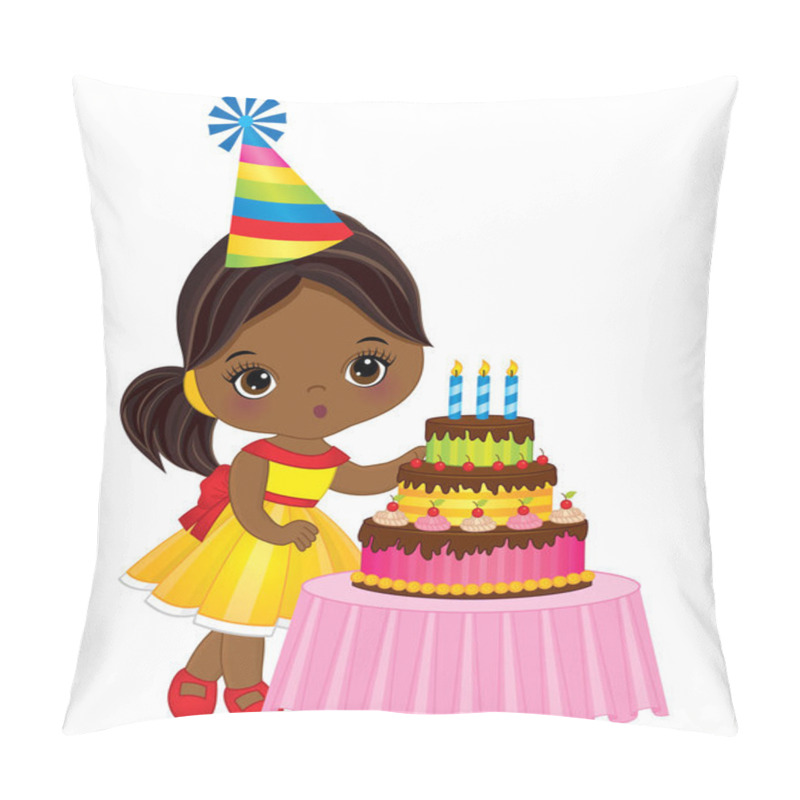 Personality  Vector Cute Little African American Girl  Blowing Out Candles On Birthday Cake Pillow Covers