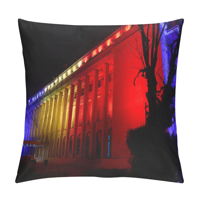 Personality  Bucharest, Romania. 1st Dec, 2024: Victoria Palace, The Seat Of The Romanian Government, Is Illuminated In The Colors Of The Romanian Flag On The Occasion Of Romania's National Day. Pillow Covers