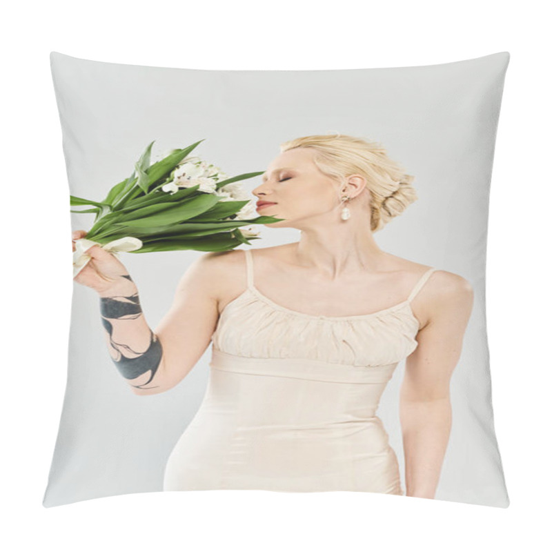 Personality  A Beautiful Blonde Bride In A Wedding Dress Gracefully Holding A Bunch Of Colorful Flowers. Pillow Covers