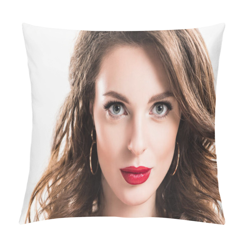 Personality  Headshot Of Beautiful Girl With Makeup Isolated On White Pillow Covers