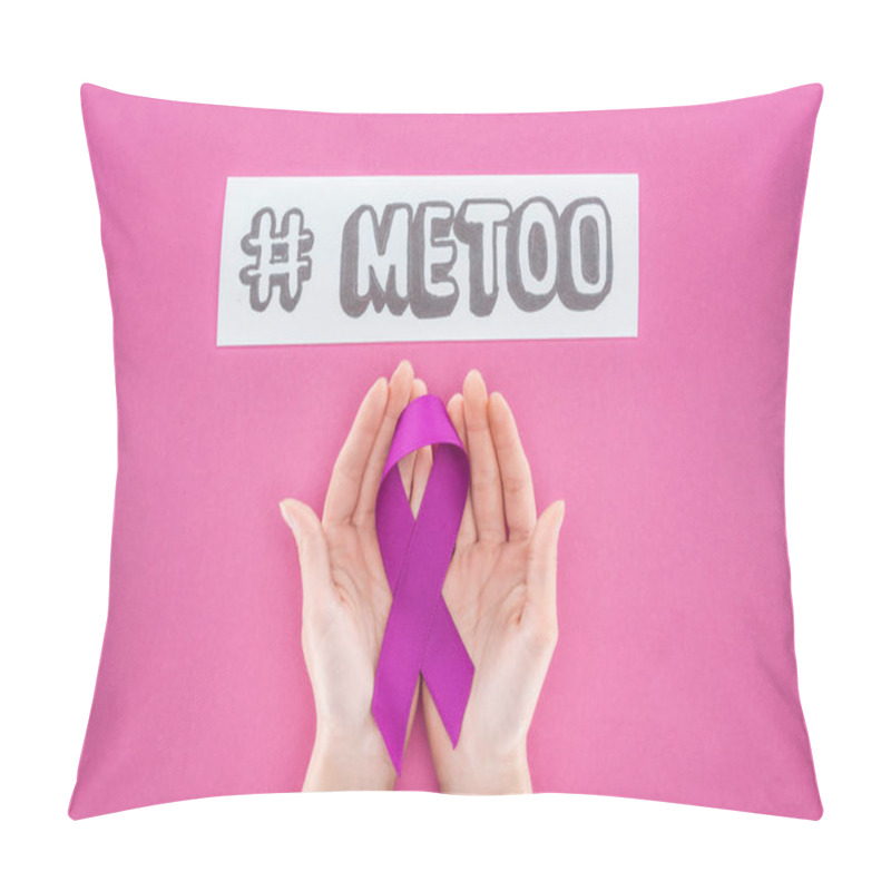 Personality  Cropped View Of Woman Holding Purple Awareness Ribbon Near Paper With Hashtag Me Too Isolated On Pink Pillow Covers