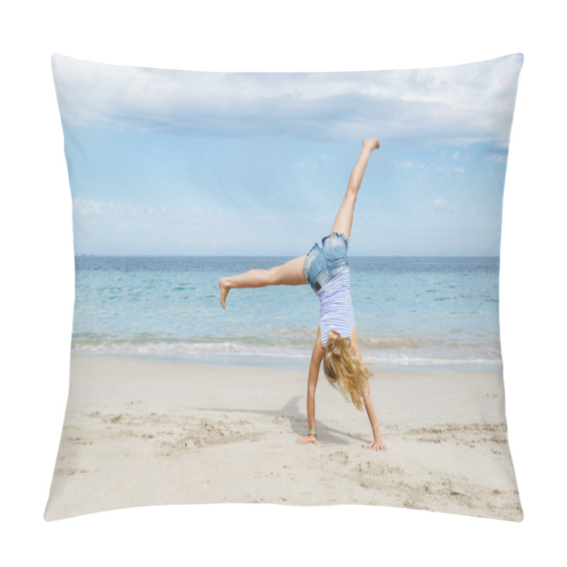 Personality  Young Woman Jumping On Beach Pillow Covers