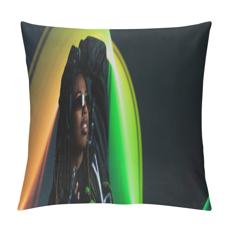 Personality  African American Woman In Glove And Smart Glasses Posing On Grey Background With Abstraction, Banner  Pillow Covers