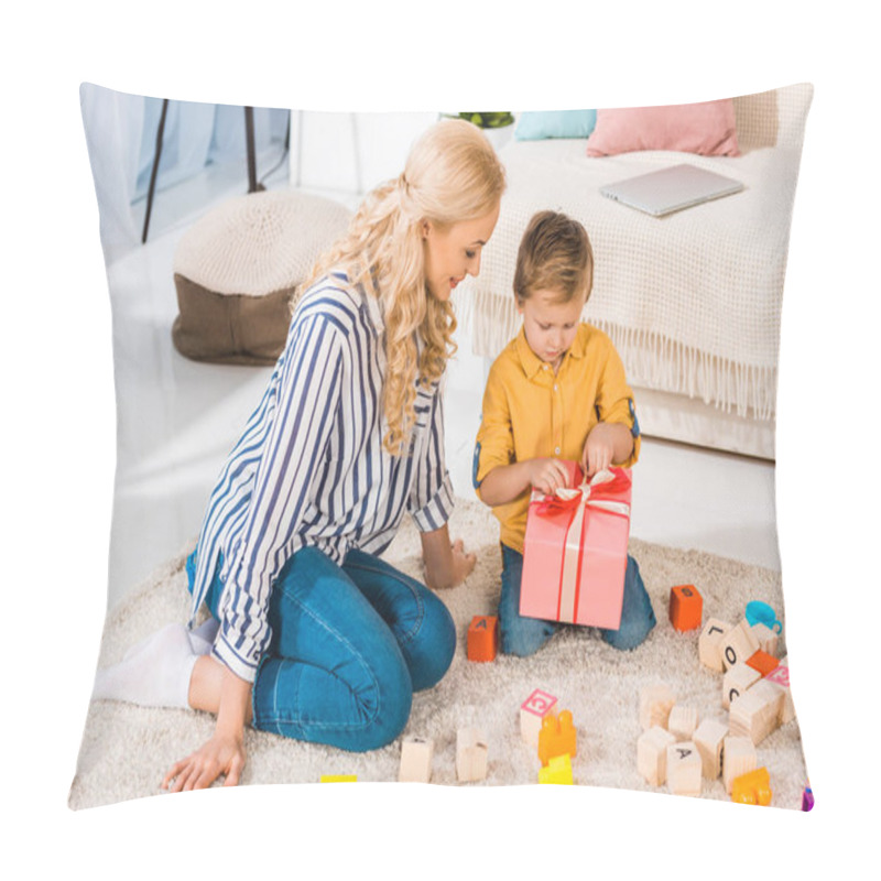 Personality  Little Boy Opening Wrapped Gift From Mother At Home Pillow Covers