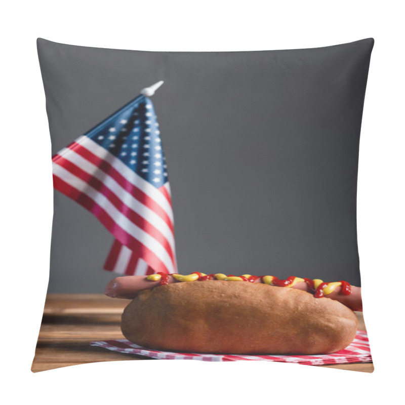 Personality  Blurred American Flag, Hot Dog And Plaid Napkin On Wooden Table Isolated On Grey Pillow Covers