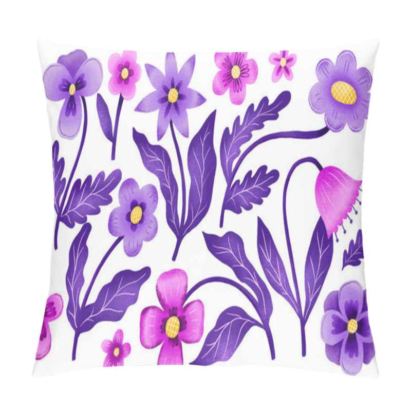 Personality  Cartoon Flowers. Violet Blossom Flowers. Spring Floral Illustration. Hand Drawn Isolated Illustration. Collection Wildflowers. Floral Branches. Pillow Covers