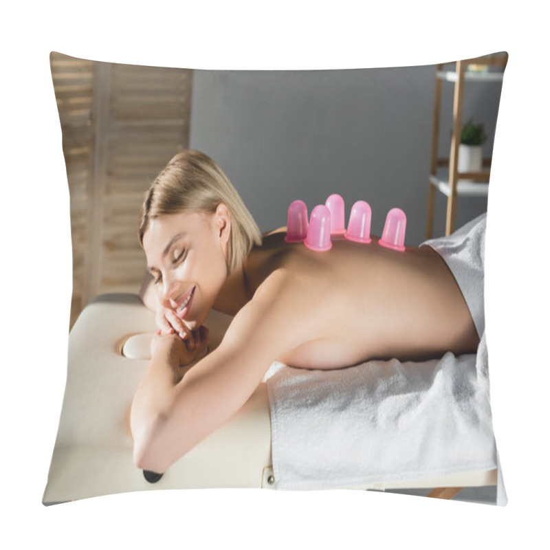 Personality  Positive Young Woman With Pink Massage Cups On Back Receiving Vacuum Massage  Pillow Covers