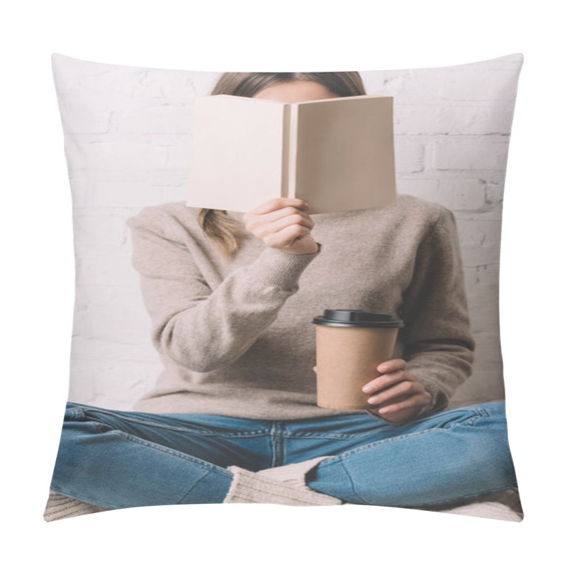 Personality  Girl Holding Book And Coffee To Go In Paper Cup Pillow Covers