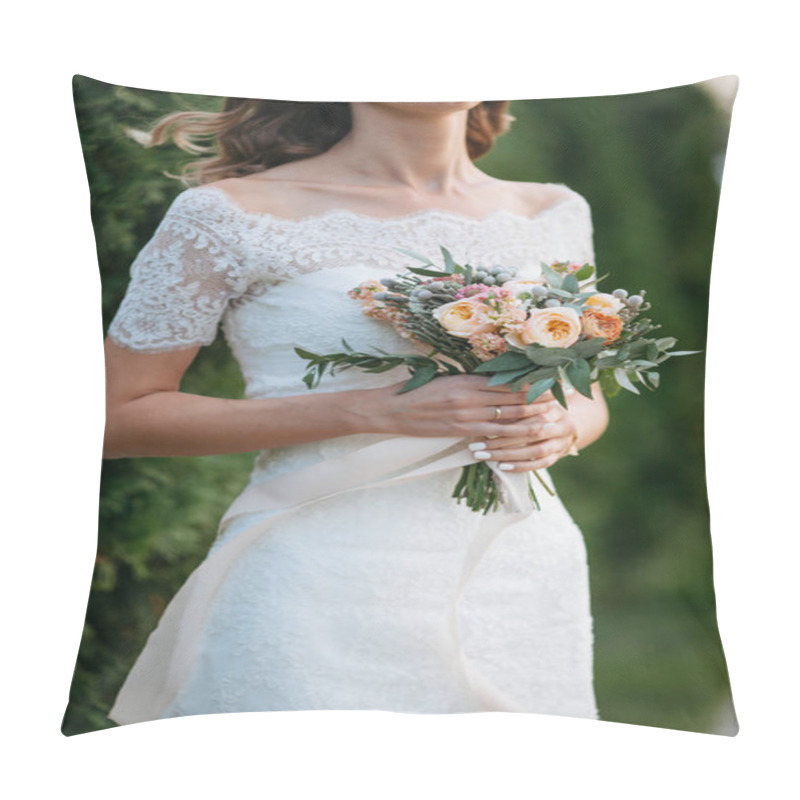 Personality  Wedding. The Bride In A Dress Standing In A Green Garden And Hol Pillow Covers