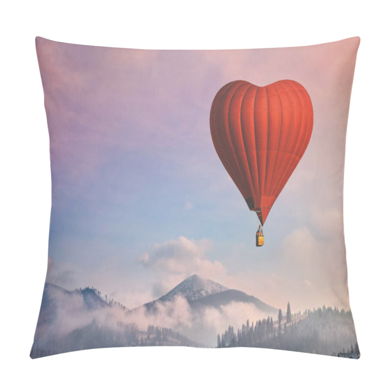 Personality  Red Air Balloon In The Shape Of A Heart Flying In Morning Mountains Pillow Covers