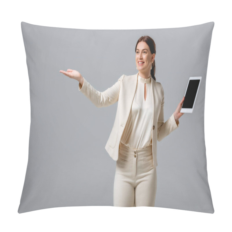 Personality  Beautiful Smiling Woman In Formal Wear Pointing With Hand And Holding Digital Tablet With Blank Screen Isolated On Grey  Pillow Covers