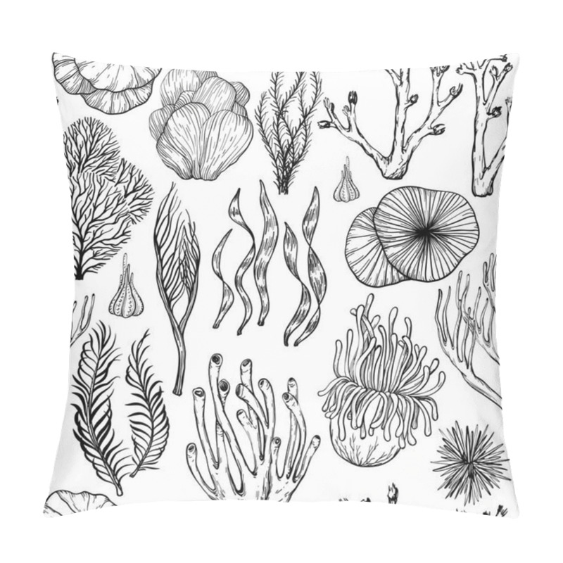 Personality  Seamless Pattern With Hand Drawn Corals, Sea Sponges, Living Organisms. Black And White Pillow Covers