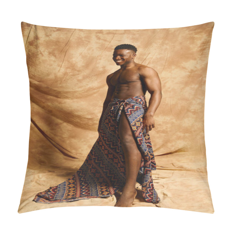 Personality  A Young Handsome African American Man Stands Confidently, Posing Topless In A Creative Studio Setting. His Vibrant Patterned Fabric Drapes Elegantly, Highlighting His Physique Against A Warm Backdrop. Pillow Covers