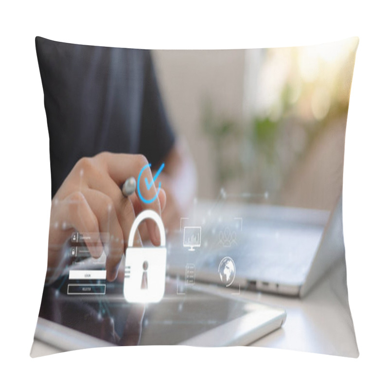 Personality  Cyber Security And Data Protection On Internet. Person Touching Virtual Shield, Secure Access, Encrypted Connection. Password Protected System And Storage. Cybersecurity Technology. Pillow Covers