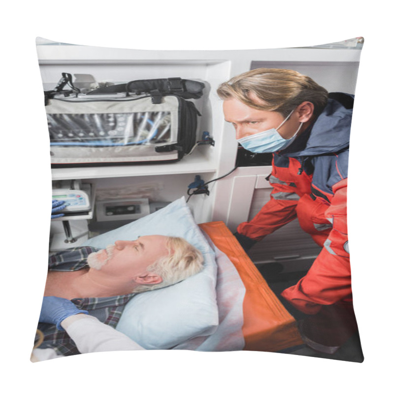 Personality  Selective Focus Of Paramedic In Medical Mask Standing Near Doctor Examining Elderly Patient With Stethoscope In Ambulance Car   Pillow Covers