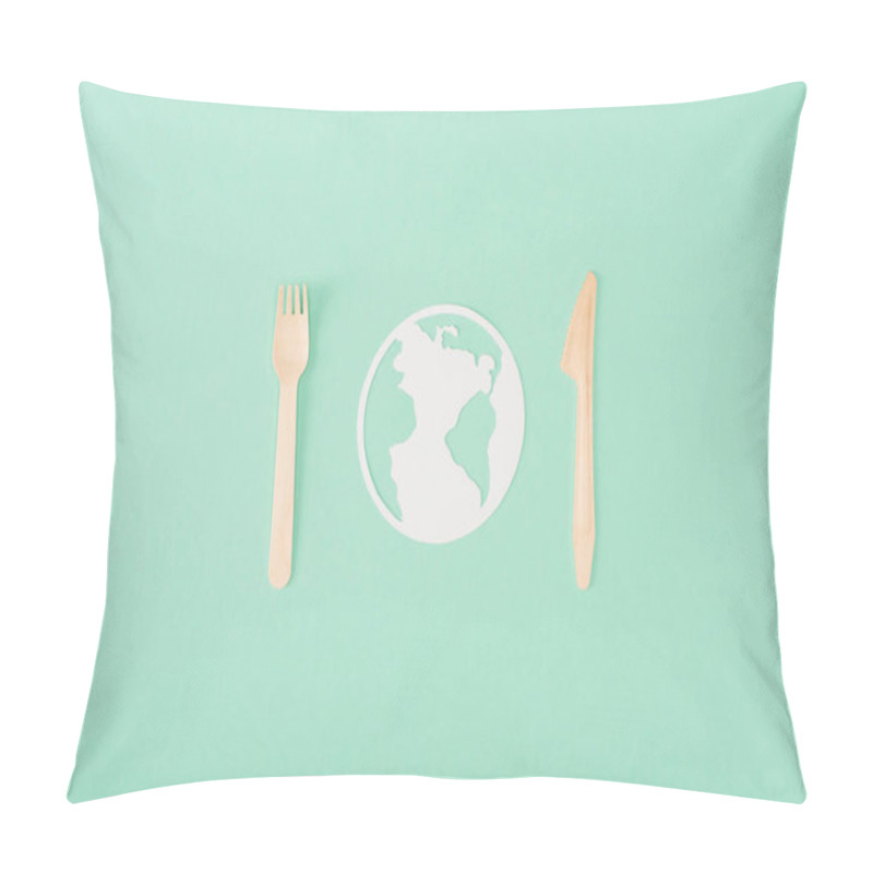 Personality  Top View Of Wooden Cutlery And Papers Planet Sign On Green Background, Ecology Concept Pillow Covers