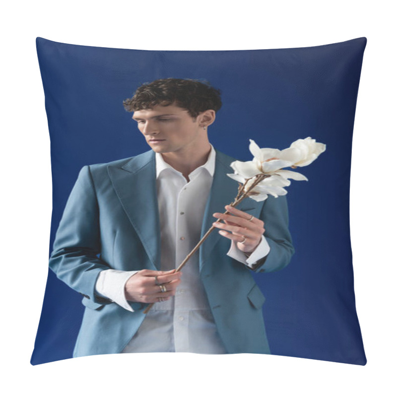 Personality  Brunette Man In Stylish Jacket And Shirt Holding Magnolia Branch Isolated On Navy Blue  Pillow Covers