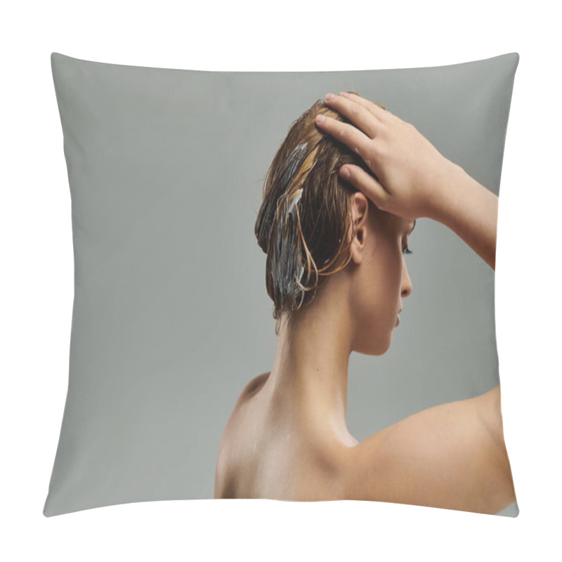 Personality  Young Woman Showcasing Her Hair Care Routine, Styling Her Wet Hair. Pillow Covers