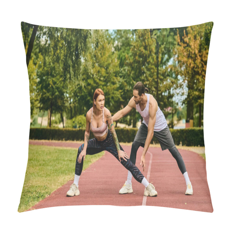 Personality  A Woman In Sportswear Being Guided By A Personal Trainer, Exuding Determination And Motivation. Pillow Covers