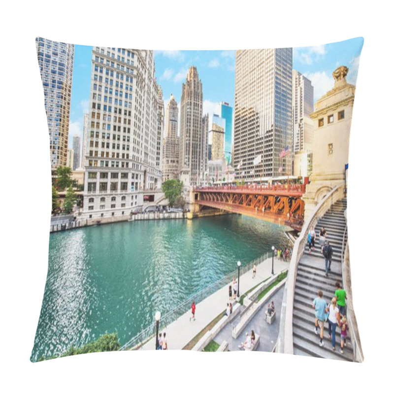 Personality  Northern Chicago River Riverwalk On North Branch Chicago River In Chicago, Illinois Pillow Covers