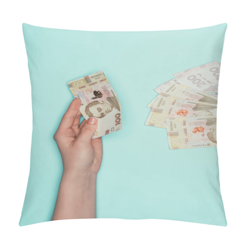 Personality  Cropped Shot Of Woman With Ukrainian Money Isolated On Turquoise Pillow Covers