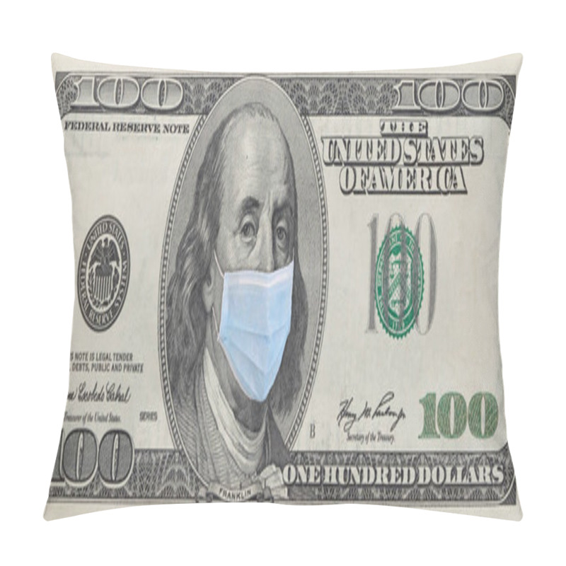 Personality  Benjamin Franklin In A Mask On A 100 Dollar Bill Isolated On White Background. Concept Of Prevention Of Money From Crisis. Pillow Covers