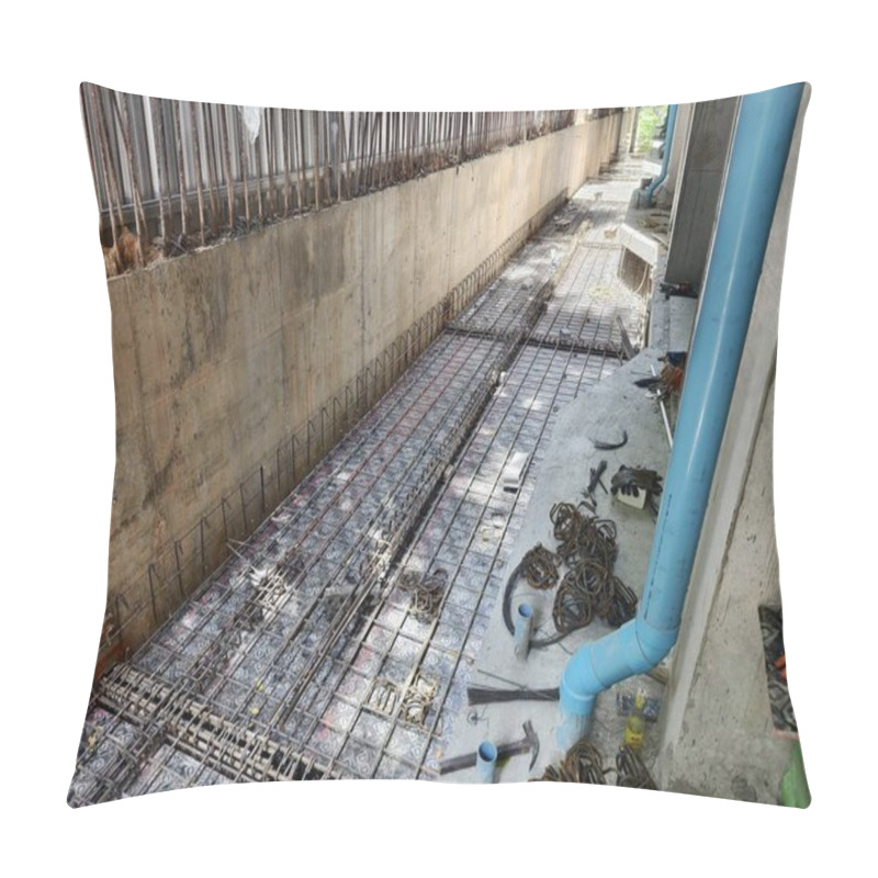 Personality  A Construction Site Displaying A Reinforced Concrete Foundation With Steel Rebar. Pillow Covers