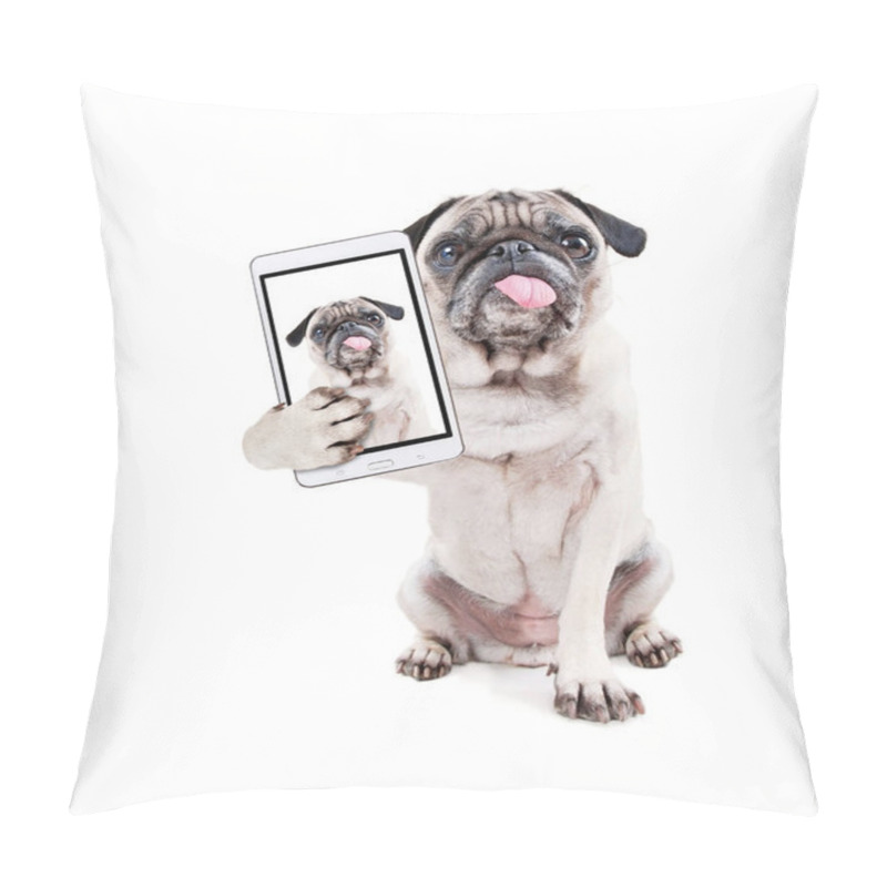 Personality  Cute Pug Puppy With Her Tongue Hanging Out In The Studio Isolated On A White Background Taking A Selfie Pillow Covers