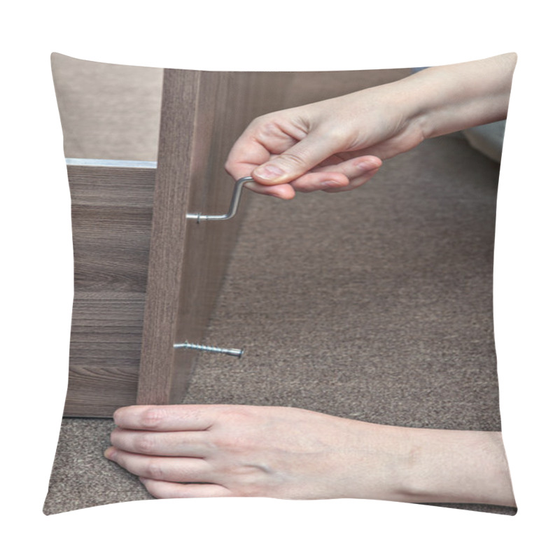 Personality  Woodworker Assembling Furniture At Home Using Hex Wrench, Allen Key. Pillow Covers