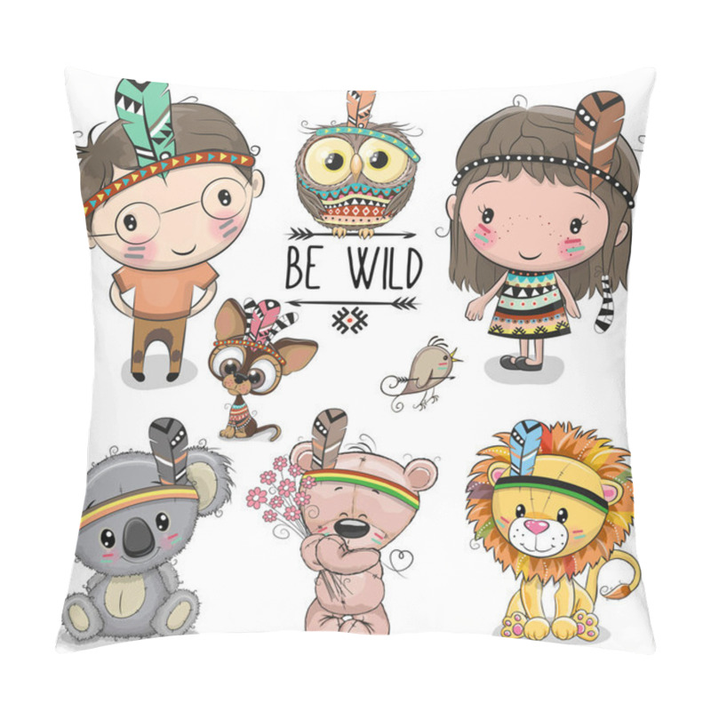 Personality  Set Of Cute Tribal Girl And Boy And Animals Pillow Covers