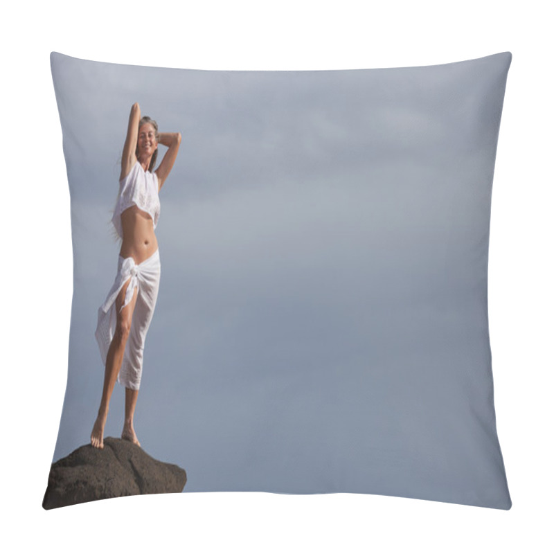 Personality  Pretty Woman Stretching Up Tall On Lava Rocks Pillow Covers