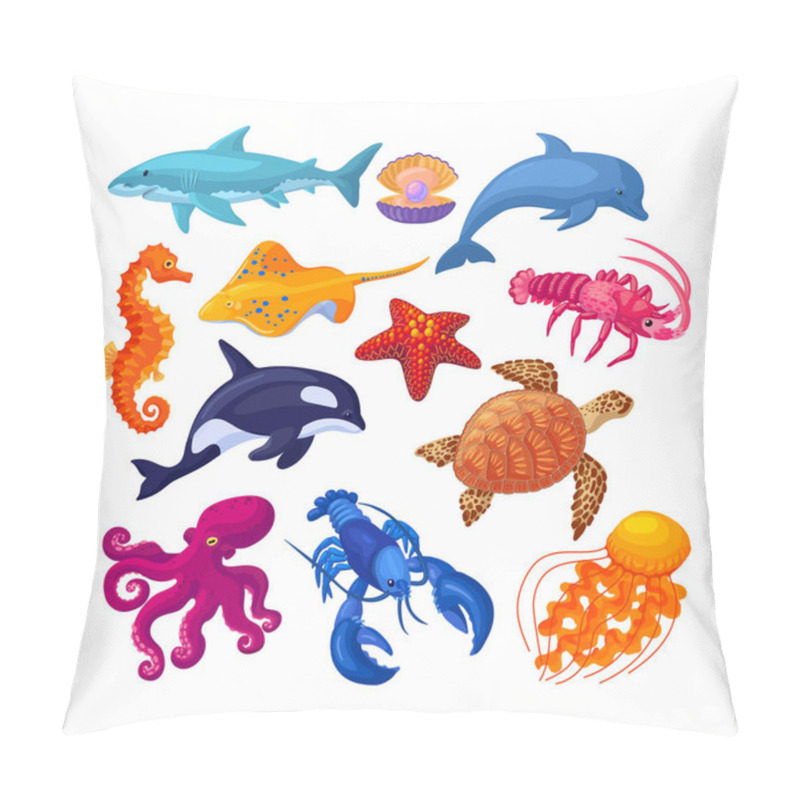 Personality  Sea And Ocean Underwater Animals. Seahorse, Sea Turtle, Stingray, Shark, Killer Whale, Lobster, Octopus, Starfish, Jellyfish, Dolphin, Pearl Clam, Lobster. Sea Life Marine Animals Cartoon Vector Pillow Covers