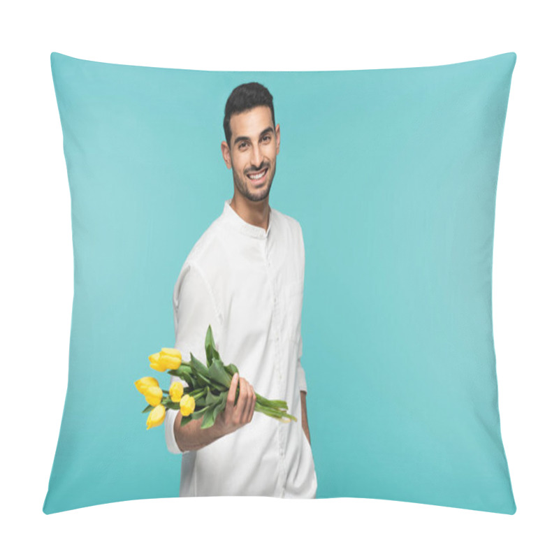 Personality  Cheerful Arabian Man Holding Tulips Isolated On Blue  Pillow Covers