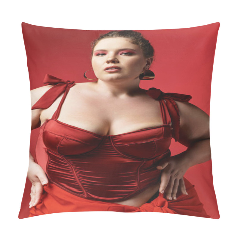 Personality  Stylish Woman Confidently Poses In A Red Ensemble, Exuding Creativity And Modern Flair. Pillow Covers