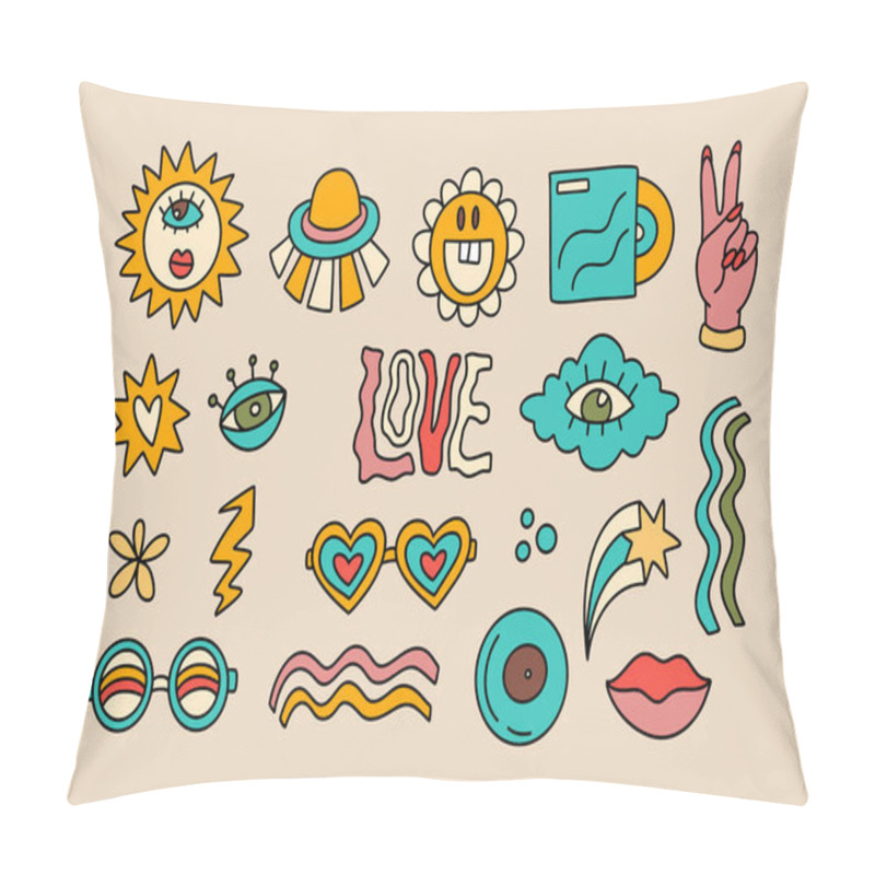 Personality  Groovy Sticker Set, Retro Eye, Ufo And Glasses Flower Hippie 70s Disco Cartoon Illustration Vector Element Collection Pillow Covers