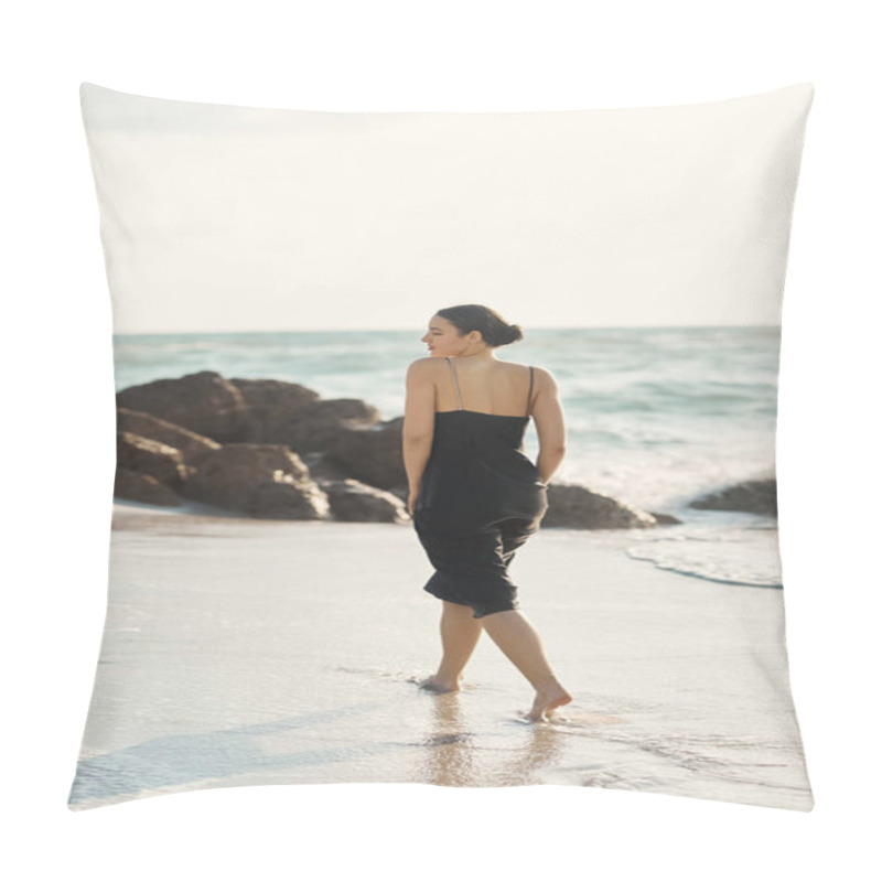 Personality  A Woman In A Black Sundress Walks Barefoot Along The Shoreline Of Miami Beach, The Setting Sun Casting A Warm Glow Over The Waves. Pillow Covers