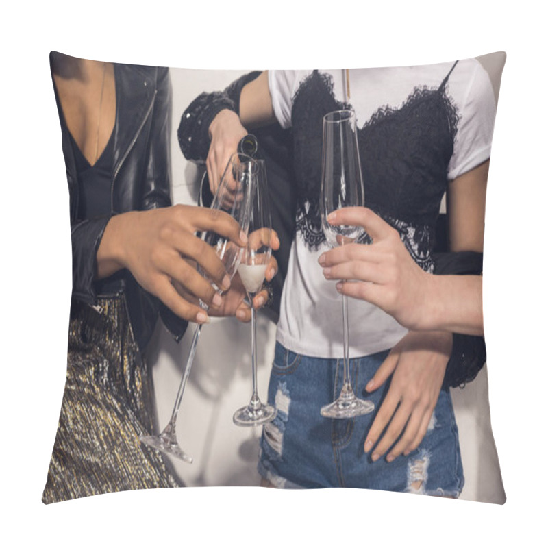 Personality  Young Girls Pouring Champagne Into Glasses Pillow Covers