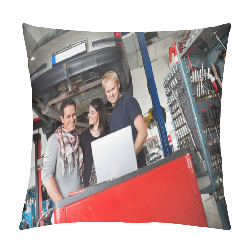 Personality  Couple In Auto Repair Shop Standing With Mechanic Pillow Covers