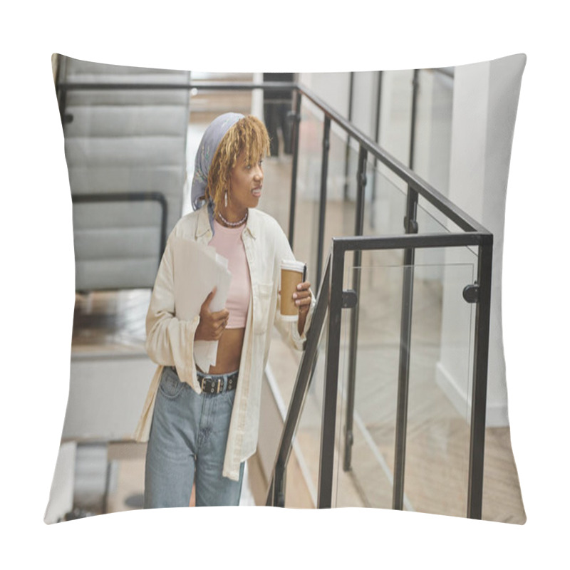 Personality  Positive African American Woman With Braces Holding Papers, Startup Project, Coworking, Stairs Pillow Covers