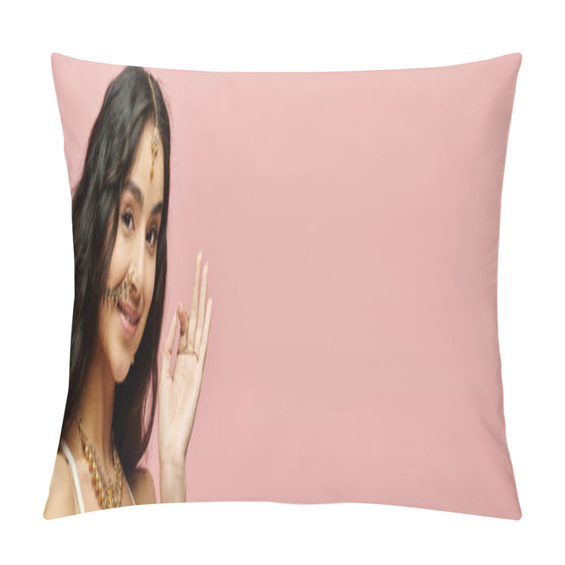 Personality  Young Indian Woman Showcasing Intricate Accessories On Her Face. Pillow Covers