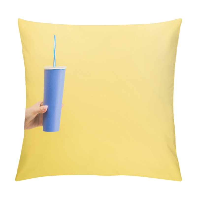 Personality  Cropped View Of Woman Holding Paper Cup Of Soda Isolated On Yellow, Cinema Concept Pillow Covers