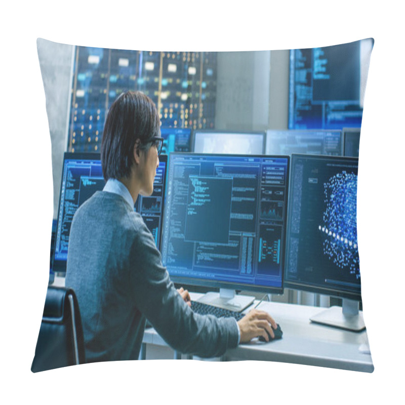 Personality  In The System Control Room Technical Operator Works At His Workstation With Multiple Displays Showing Graphics. IT Technician Works On Artificial Intelligence, Big Data Mining, Neural Network Project. Pillow Covers