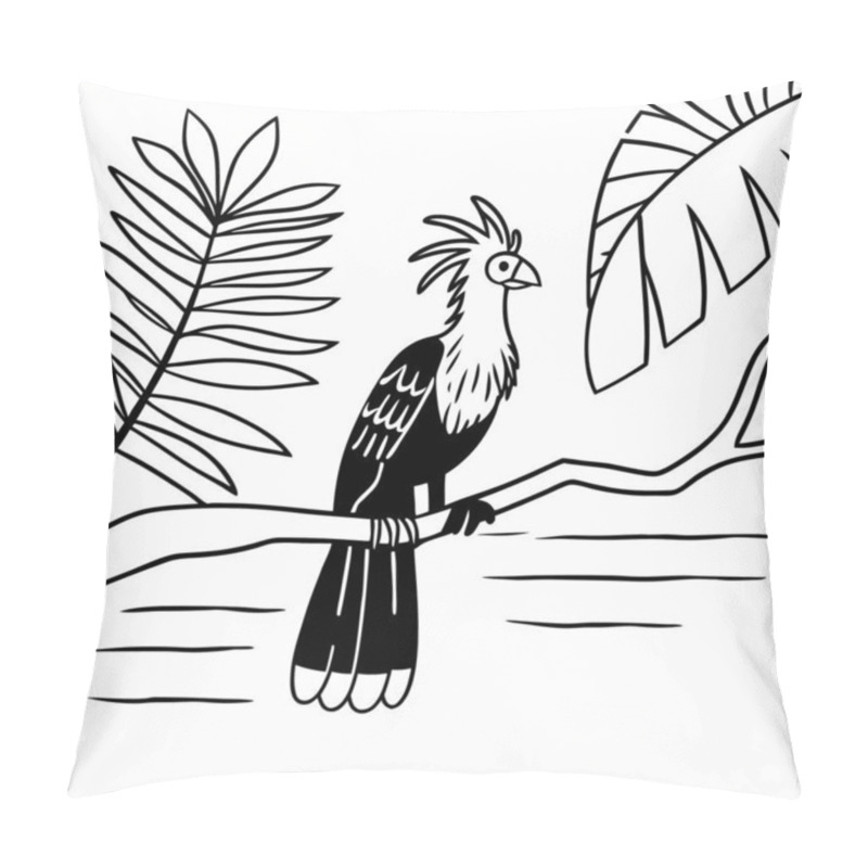 Personality  Black And White Illustration Of A Bird Perched In A Tropical Setting Pillow Covers