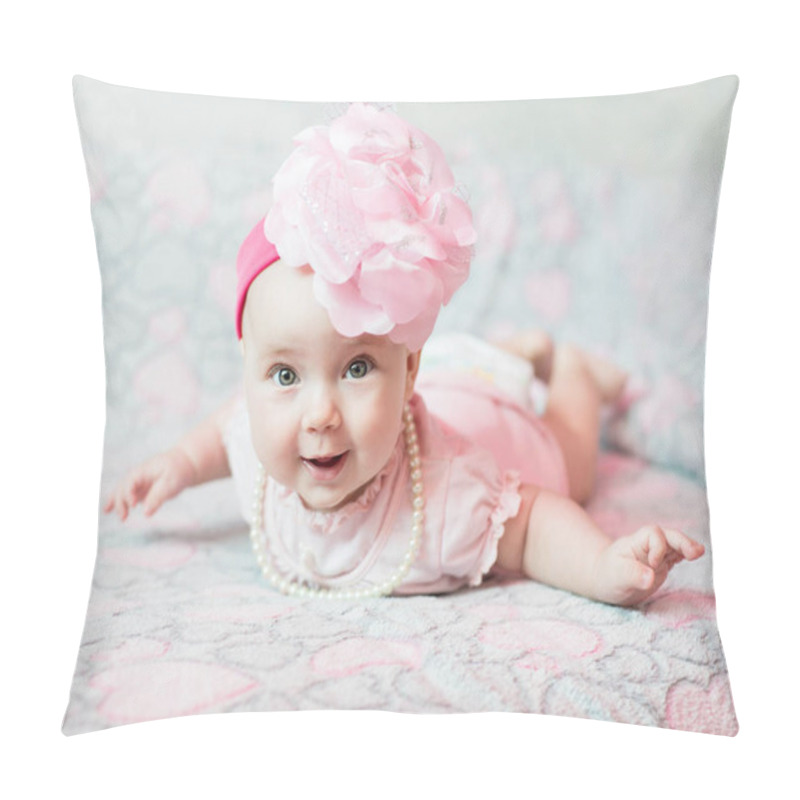 Personality  Portgait Of Little Baby Girl In Pink Dress On Light Pink Background. Pillow Covers