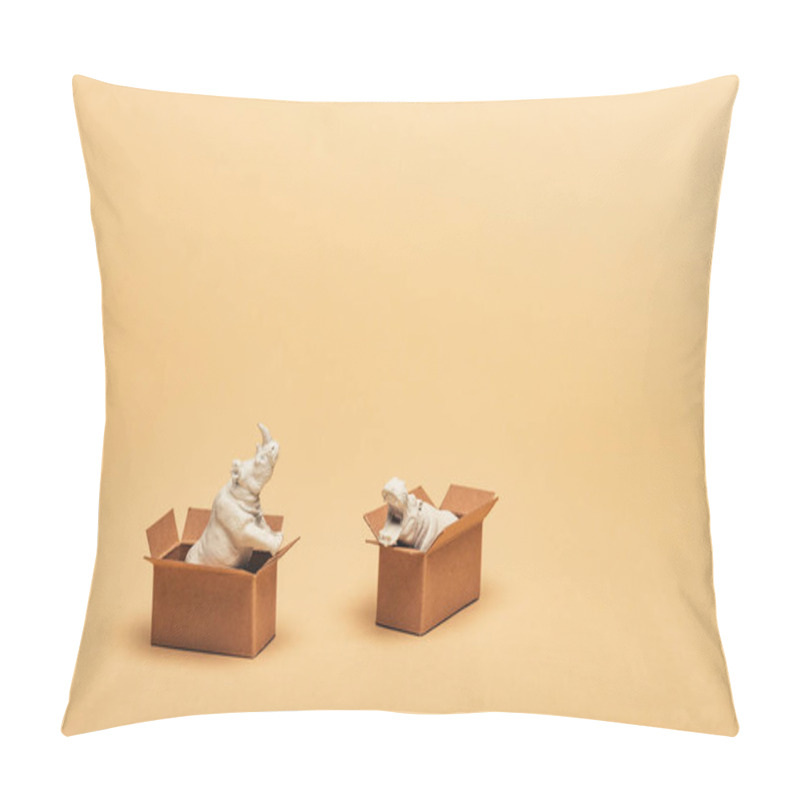 Personality  White Toy Hippopotamus And Rhinoceros In Cardboard Boxes On Yellow Background, Animal Welfare Concept Pillow Covers